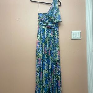 Off the shoulder blue and green summer dress